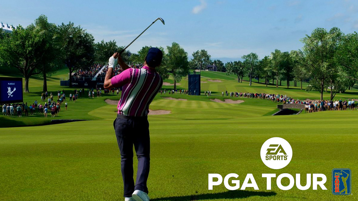 EA Sports PGA Tour character playing an iron shot with game logo