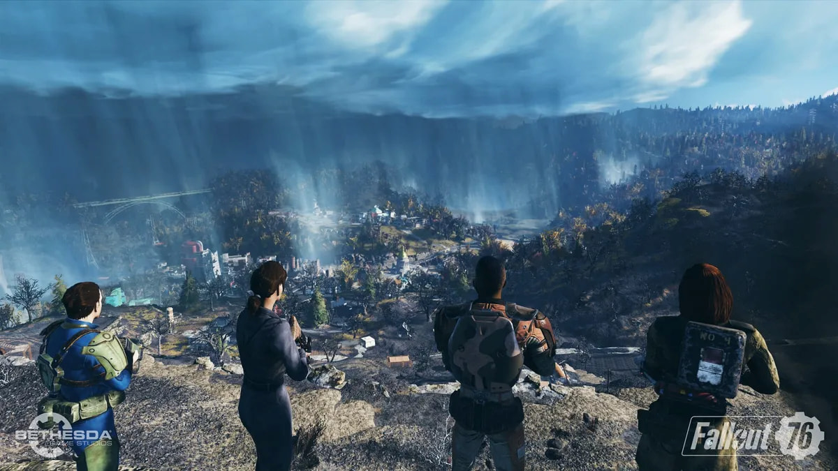 Four players in Fallout 76 overlooking Appalachia
