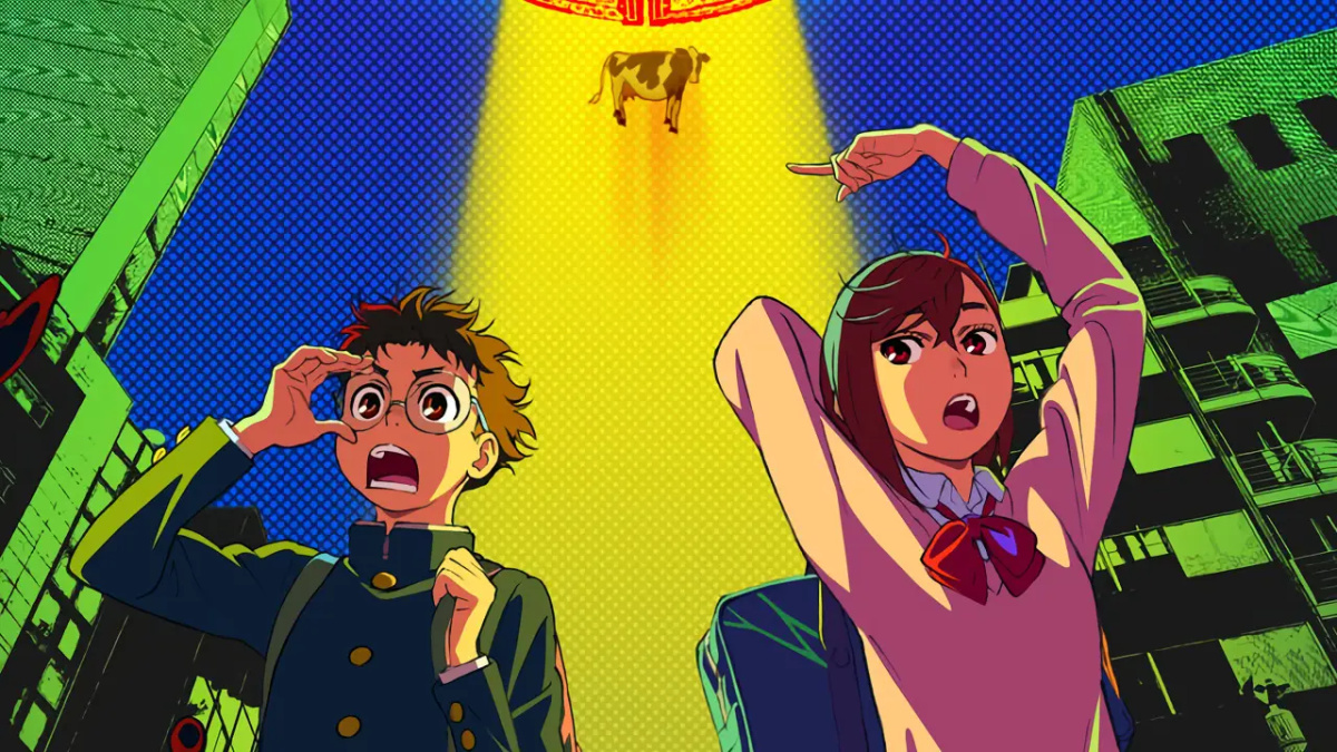 Takakura and Momo walking Together While Cow Gets Abducted Behind Them in Dandadan Promo Art