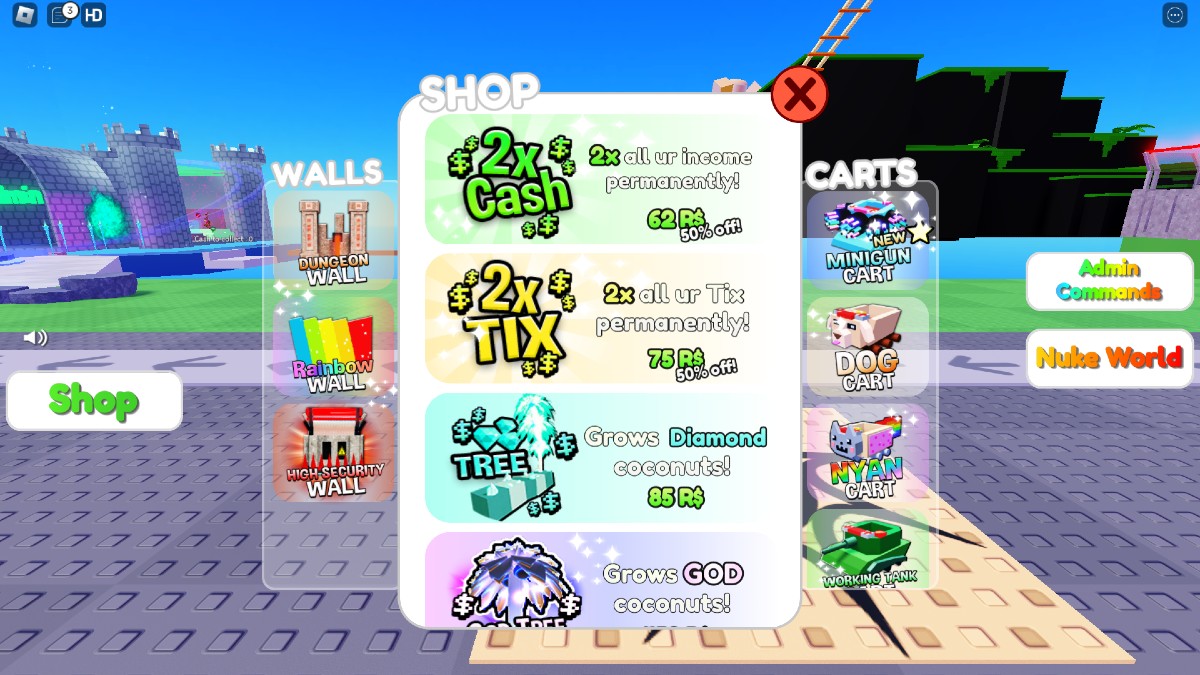 The Shop menu in Cart Ride Tycoon.