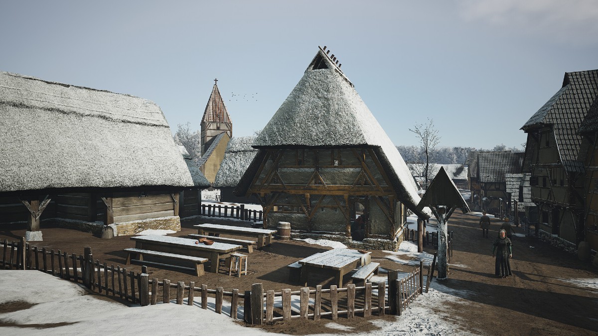 A snowy rooftop in Manor Lords.